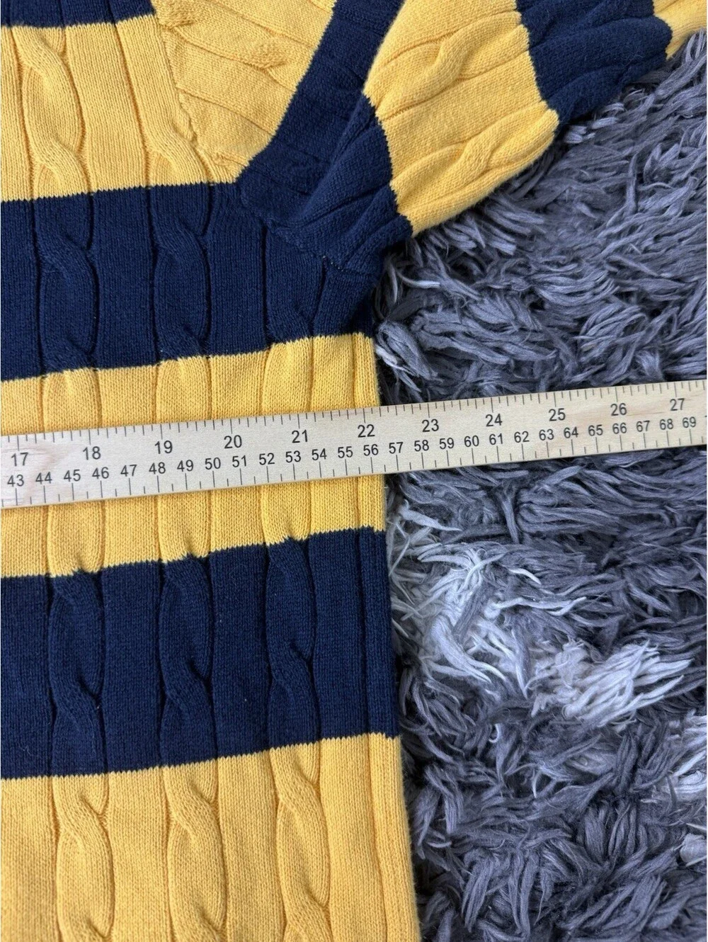 Nautica Men Medium Cable Knit Sweater Yellow Blue Striped Medium Crewneck